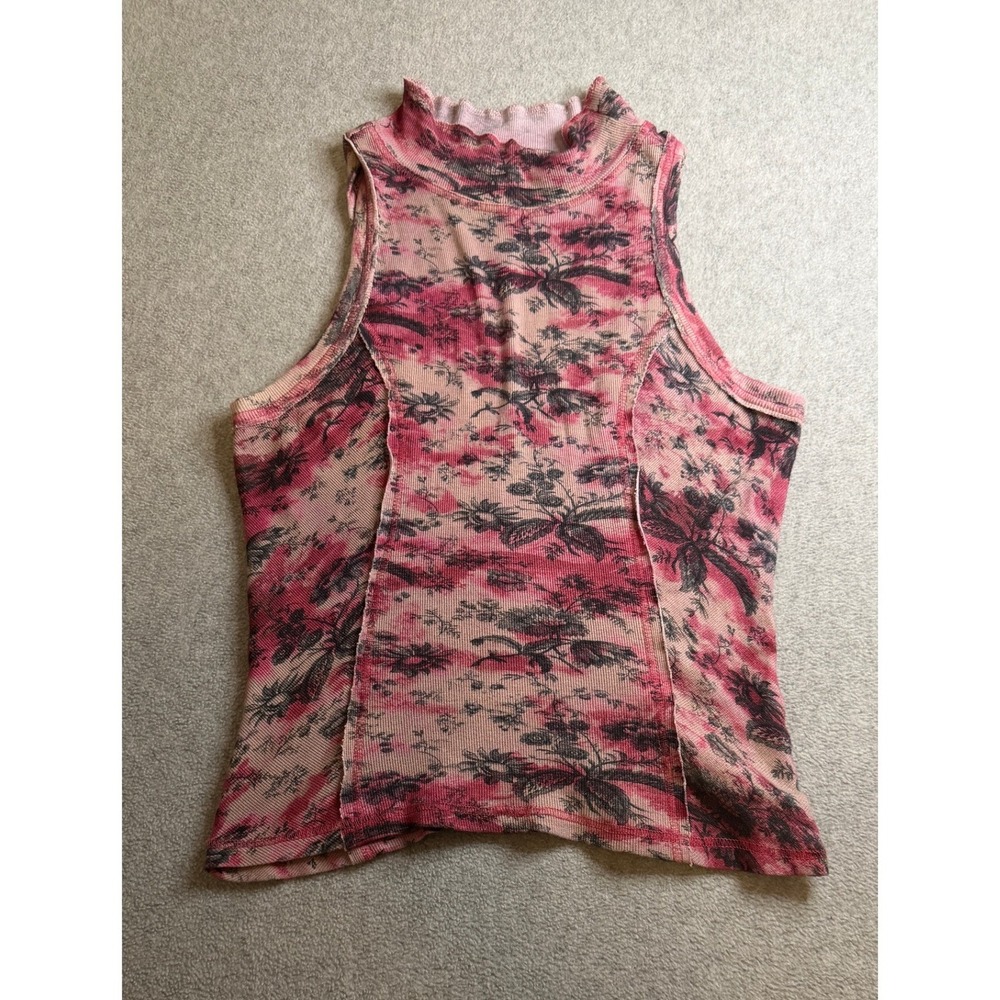 Pilcro Pink Black Floral Toile Waffle Knit Mock Neck Sleeveless Top Small - Picture 1 of 3